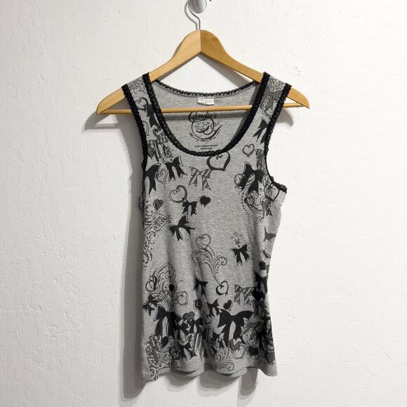 Vintage Candie's Ribbed Tank Top Large Lace Trim Bows Coquette Retro Y2K Grey - Picture 1 of 6
